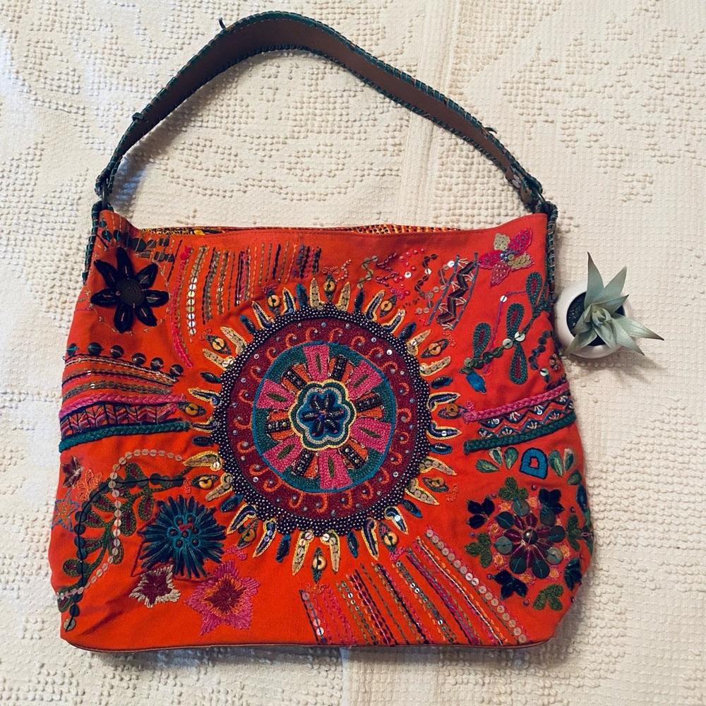 Vintage Chico's XL Red Embroidered Sequined Flowers Boho Tote Bag Limit Edition